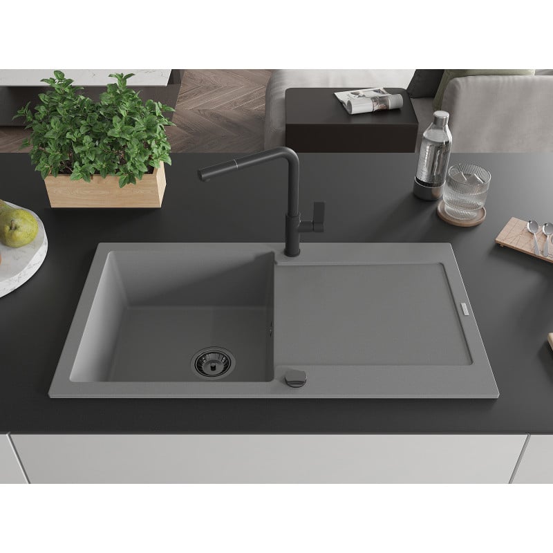 Mexen Leo Granitspüle mit 1 Becken, Abtropffläche und Küchenarmatur Flora, grau - 6501-71-670401-70-B