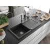 Mexen Leo Granitspüle 1-Becken mit Abtropffläche und Küchenarmatur Flora, schwarz/silberner Metallic - 6501-73-670401-00