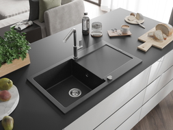 Mexen Leo Granitspüle 1-Becken mit Abtropffläche und Küchenarmatur Flora, schwarz/silberner Metallic - 6501-73-670401-00