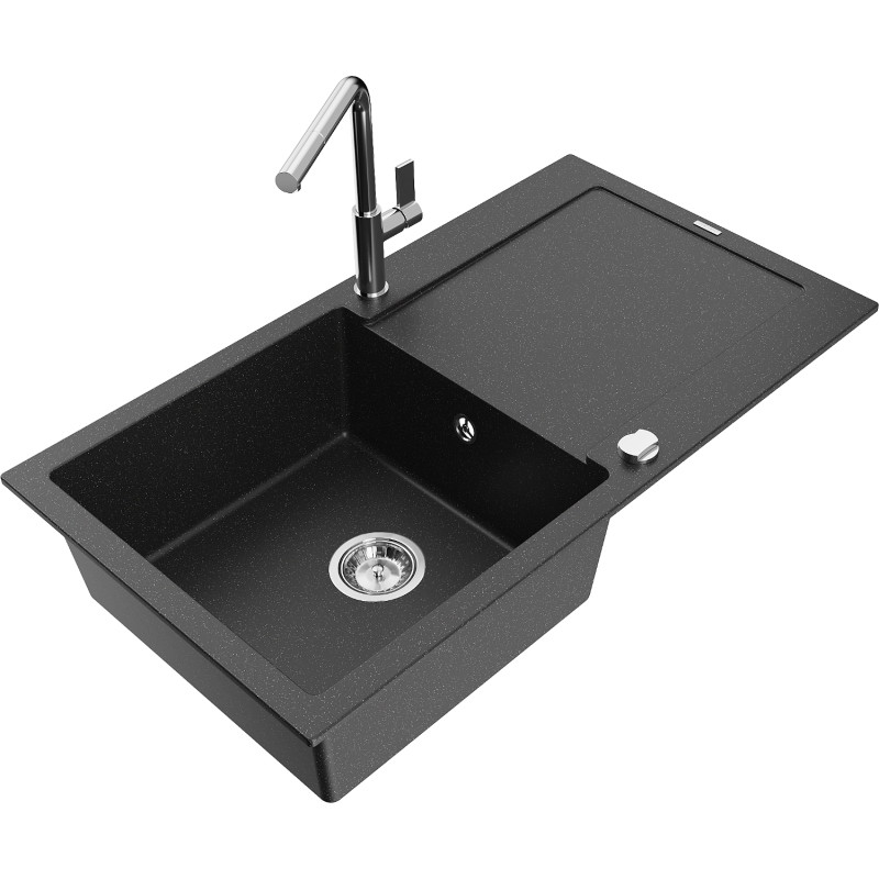 Mexen Leo granitspüle 1-becken mit abtropffläche und küchenarmatur Flora, schwarz/silber metallic - 6501-73-670401-00