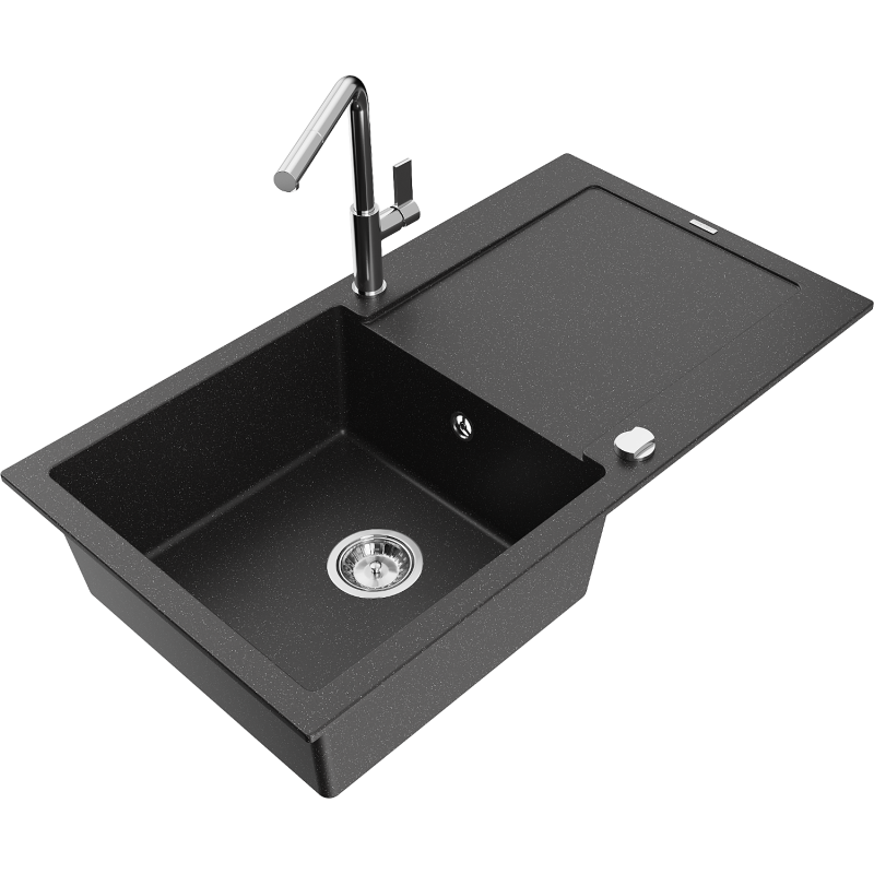 Mexen Leo Granitspüle 1-Becken mit Abtropffläche und Küchenarmatur Flora, schwarz/silberner Metallic - 6501-73-670401-00