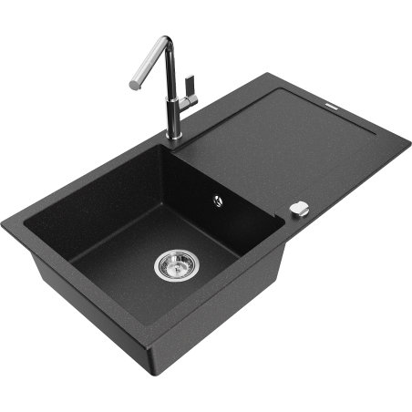 Mexen Leo Granitspüle 1-Becken mit Abtropffläche und Küchenarmatur Flora, schwarz/silberner Metallic - 6501-73-670401-00