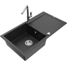 Mexen Leo Granitspüle 1-Becken mit Abtropffläche und Küchenarmatur Flora, schwarz/silberner Metallic - 6501-73-670401-00