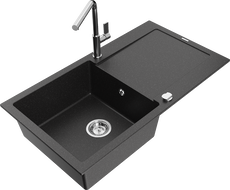 Mexen Leo Granitspüle 1-Becken mit Abtropffläche und Küchenarmatur Flora, schwarz/silberner Metallic - 6501-73-670401-00