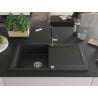 Mexen Leo Granitspüle 1-beckig mit Abtropffläche und Küchenarmatur Flora, schwarz/silber metallic - 6501-73-670401-07