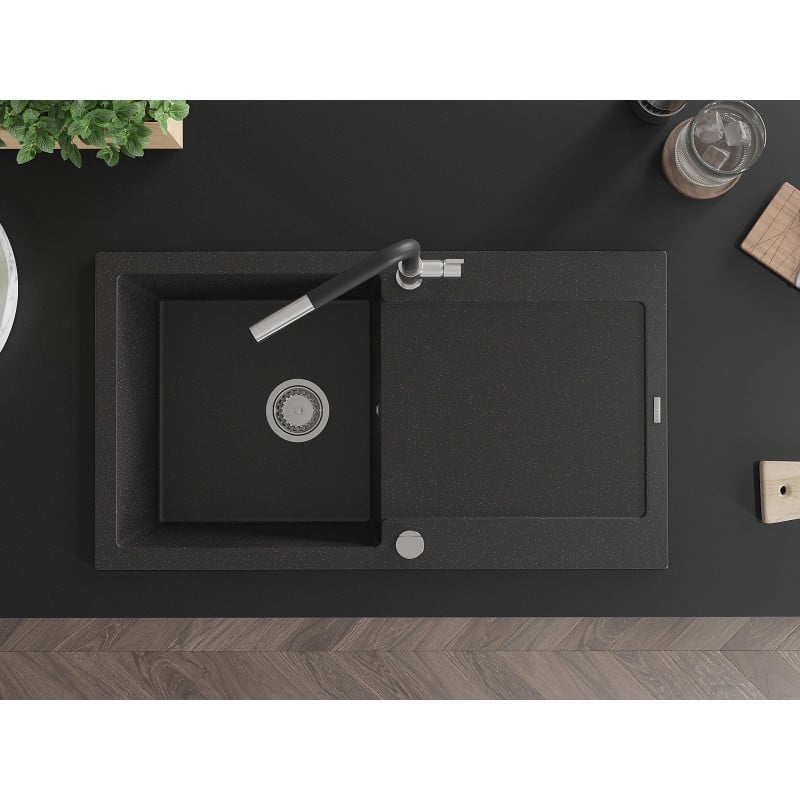 Mexen Leo Granitspüle 1-beckig mit Abtropffläche und Küchenarmatur Flora, schwarz/silber metallic - 6501-73-670401-07