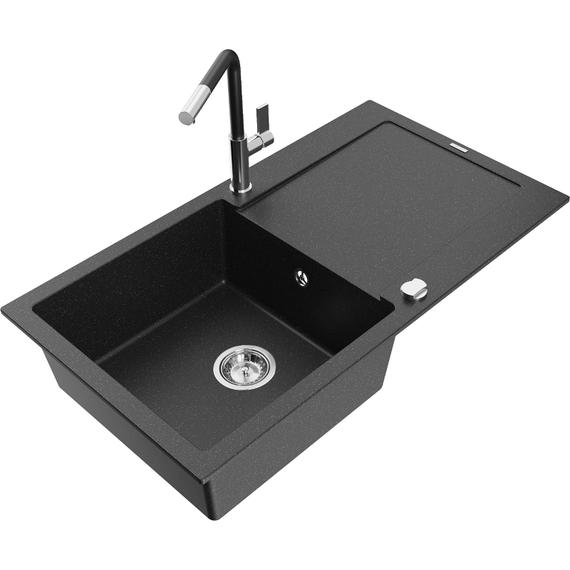 Mexen Leo Granitspüle 1-beckig mit Abtropffläche und Küchenarmatur Flora, schwarz/silber metallic - 6501-73-670401-07