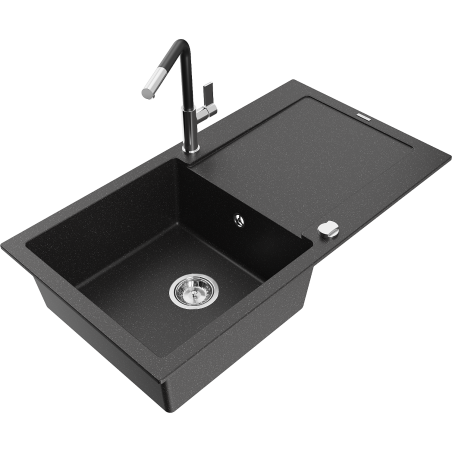 Mexen Leo Granitspüle 1-beckig mit Abtropffläche und Küchenarmatur Flora, schwarz/silber metallic - 6501-73-670401-07