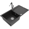 Mexen Leo Granitspüle 1-Becken mit Abtropffläche und Küchenarmatur Flora, schwarz/silber metallic - 6501-73-670401-07