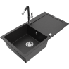 Mexen Leo Granitspüle 1-beckig mit Abtropffläche und Küchenarmatur Flora, schwarz/silber metallic - 6501-73-670401-07