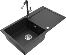 Mexen Leo Granitspüle 1-Becken mit Abtropffläche und Küchenarmatur Flora, schwarz/silber metallic - 6501-73-670401-07