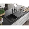 Mexen Leo Granitspüle 1-beckig mit Abtropffläche und Küchenarmatur Flora, schwarz/silber metallic - 6501-73-670401-07-B