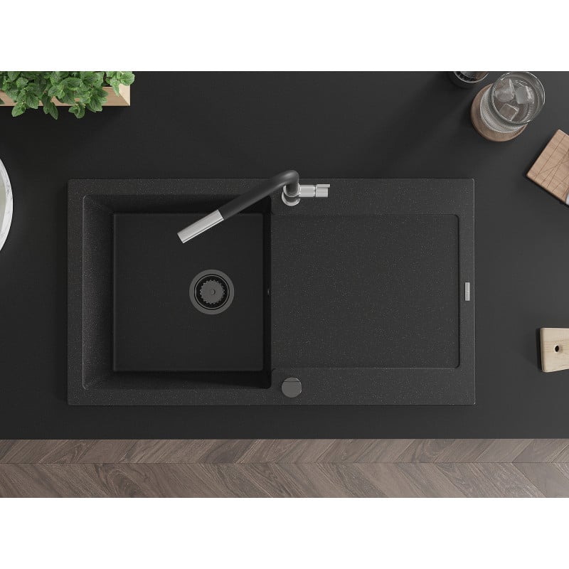 Mexen Leo Granitspüle 1-beckig mit Abtropffläche und Küchenarmatur Flora, schwarz/silber metallic - 6501-73-670401-07-B