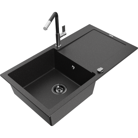 Mexen Leo Granitspüle 1-beckig mit Abtropffläche und Küchenarmatur Flora, schwarz/silber metallic - 6501-73-670401-07-B