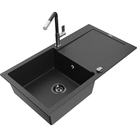 Mexen Leo Granitspüle mit 1 Becken, Abtropffläche und Küchenarmatur Flora, schwarz/silbernes Metallic - 6501-73-670401-07-B