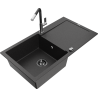 Mexen Leo Granitspüle 1-Becken mit Abtropffläche und Küchenarmatur Flora, schwarz/silber metallic - 6501-73-670401-07-B