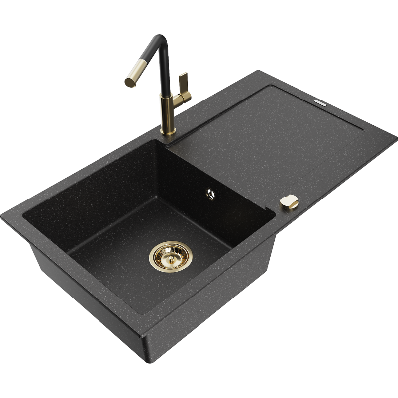 Mexen Leo Granitspüle 1-Becken mit Abtropffläche und Küchenarmatur Flora, schwarz/silber metallic - 6501-73-670401-57-G