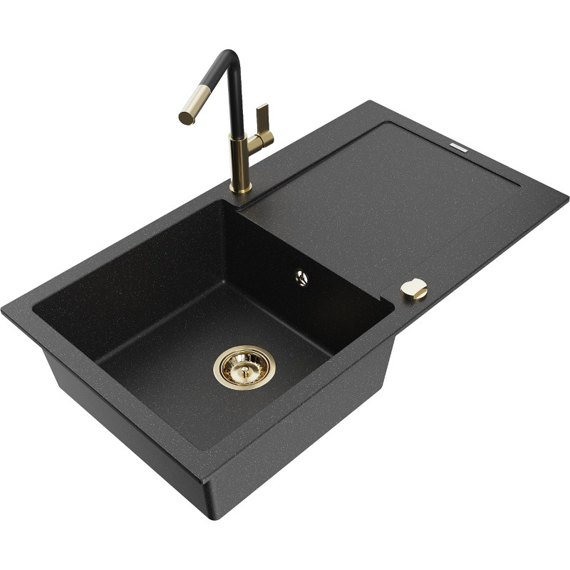 Mexen Leo Granitspüle 1-beckig mit Abtropffläche und Küchenarmatur Flora, schwarz/silberne Metallic - 6501-73-670401-57-G