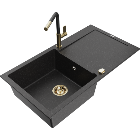 Mexen Leo Granitspüle 1-beckig mit Abtropffläche und Küchenarmatur Flora, schwarz/silberne Metallic - 6501-73-670401-57-G