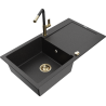 Mexen Leo Granitspüle 1-Becken mit Abtropffläche und Küchenarmatur Flora, schwarz/silber metallic - 6501-73-670401-57-G