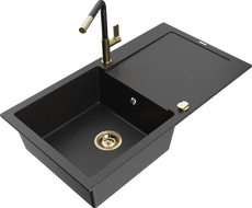 Mexen Leo Granitspüle 1-Becken mit Abtropffläche und Küchenarmatur Flora, schwarz/silber metallic - 6501-73-670401-57-G