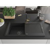 Mexen Leo Granit-Spülbecken 1-Kammer mit Abtropffläche und Küchenarmatur Flora, schwarz/silber metallic - 6501-73-670401-57-B