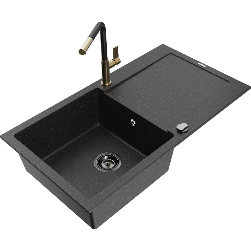 Mexen Leo Granit-Spülbecken 1-Kammer mit Abtropffläche und Küchenarmatur Flora, schwarz/silber metallic - 6501-73-670401-57-B