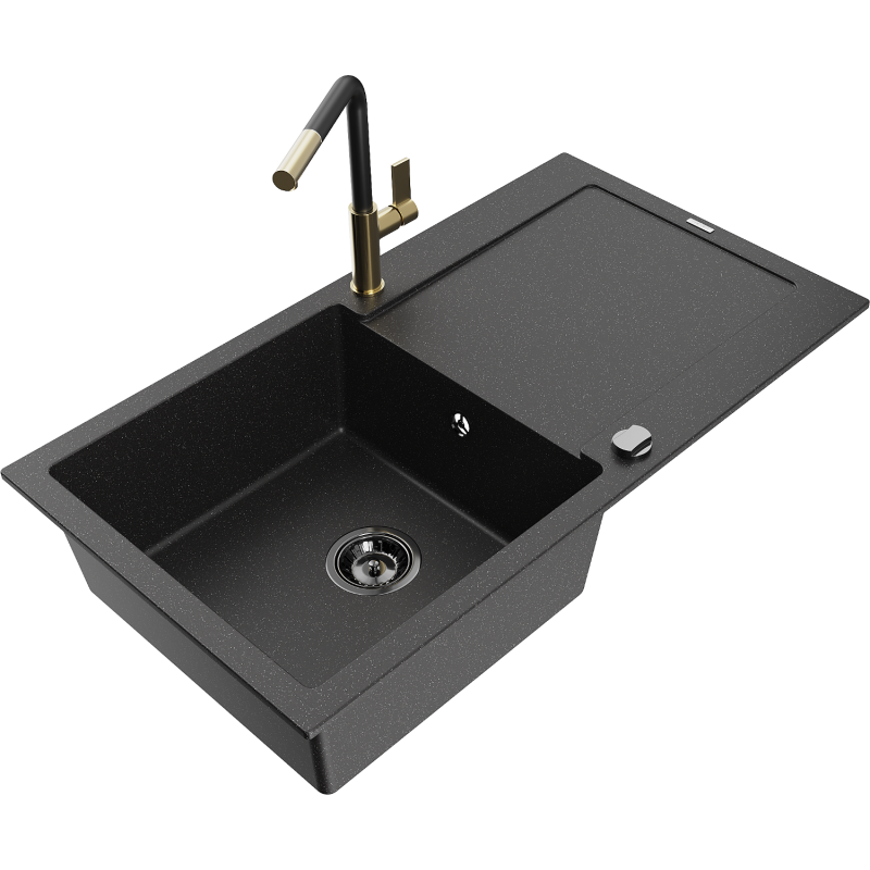 Mexen Leo Granitspüle 1-Becken mit Abtropffläche und Küchenarmatur Flora, schwarz/silber metallic - 6501-73-670401-57-B