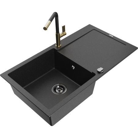 Mexen Leo Granitspüle 1-Becken mit Abtropffläche und Küchenarmatur Flora, schwarz/silber metallic - 6501-73-670401-57-B