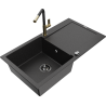 Mexen Leo Granitspüle 1-Becken mit Abtropffläche und Küchenarmatur Flora, schwarz/silber metallic - 6501-73-670401-57-B