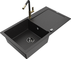Mexen Leo Granitspüle 1-Becken mit Abtropffläche und Küchenarmatur Flora, schwarz/silber metallic - 6501-73-670401-57-B