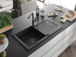Mexen Leo Granitspüle 1-Becken mit Abtropffläche und Küchenarmatur Flora, schwarz/silber Metallic - 6501-73-670401-70-B