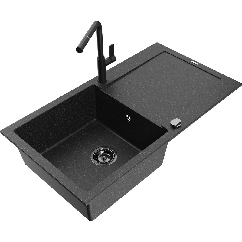 Mexen Leo 1-flügelige Granitspüle mit Abtropffläche und Küchenarmatur Flora, schwarz/silberner Metallic