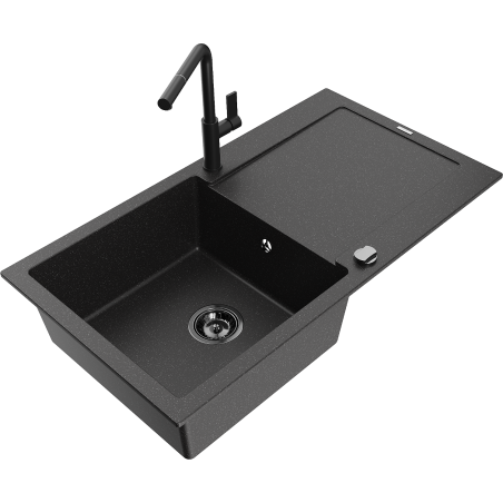 Mexen Leo 1-flügelige Granitspüle mit Abtropffläche und Küchenarmatur Flora, schwarz/silberner Metallic