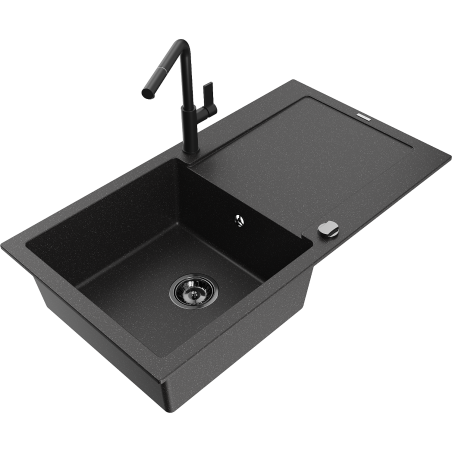 Mexen Leo Granitspüle 1-Becken mit Abtropffläche und Küchenarmatur Flora, schwarz/silber Metallic - 6501-73-670401-70-B