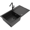 Mexen Leo Granitspüle 1-Becken mit Abtropffläche und Küchenarmatur Flora, schwarz/silber Metallic - 6501-73-670401-70-B
