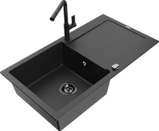 Mexen Leo Granitspüle 1-Becken mit Abtropffläche und Küchenarmatur Flora, schwarz/silber Metallic - 6501-73-670401-70-B