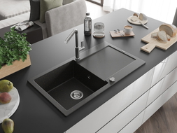 Mexen Leo Granitspüle 1-Becken mit Abtropffläche und Küchenarmatur Flora, Schwarz/Gold Metallic - 6501-75-670401-00