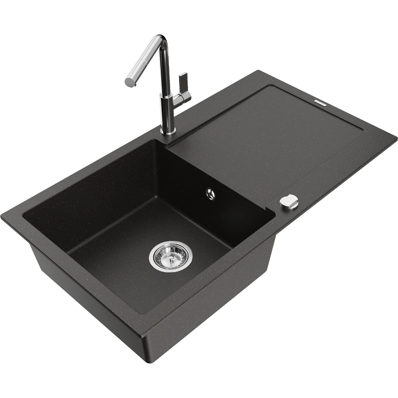Mexen Leo Granitspüle 1-Becken mit Abtropffläche und Küchenarmatur Flora, Schwarz/Gold Metallic - 6501-75-670401-00