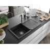 Mexen Leo Granitspüle 1-beckig mit Abtropffläche und Küchenarmatur Flora, schwarz/goldener Metallic - 6501-75-670401-07