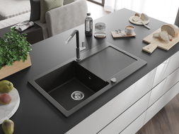 Mexen Leo Granitspüle 1-beckig mit Abtropffläche und Küchenarmatur Flora, schwarz/goldener Metallic - 6501-75-670401-07