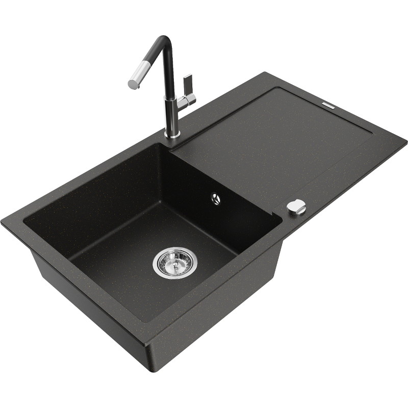 Mexen Leo Granitspüle 1-Becken mit Abtropffläche und Küchenarmatur Flora, schwarz/gold metallic - 6501-75-670401-07