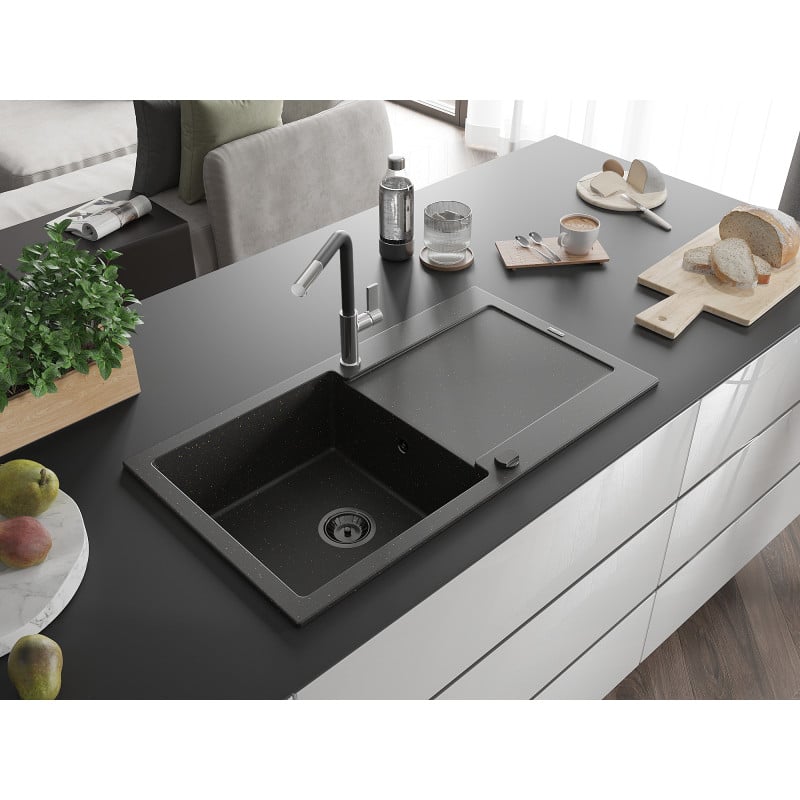 Mexen Leo Granitspüle mit 1 Becken, Abtropffläche und Küchenarmatur Flora, schwarz/gold metallic - 6501-75-670401-07-B