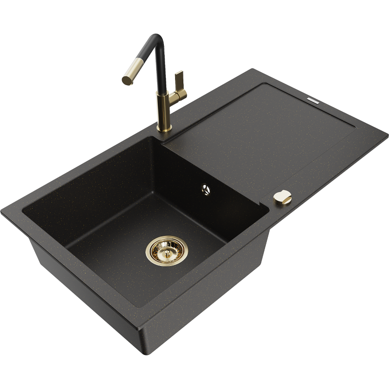 Mexen Leo Granitspüle 1-Becken mit Abtropffläche und Küchenarmatur Flora, schwarz/gold metallic - 6501-75-670401-57-G