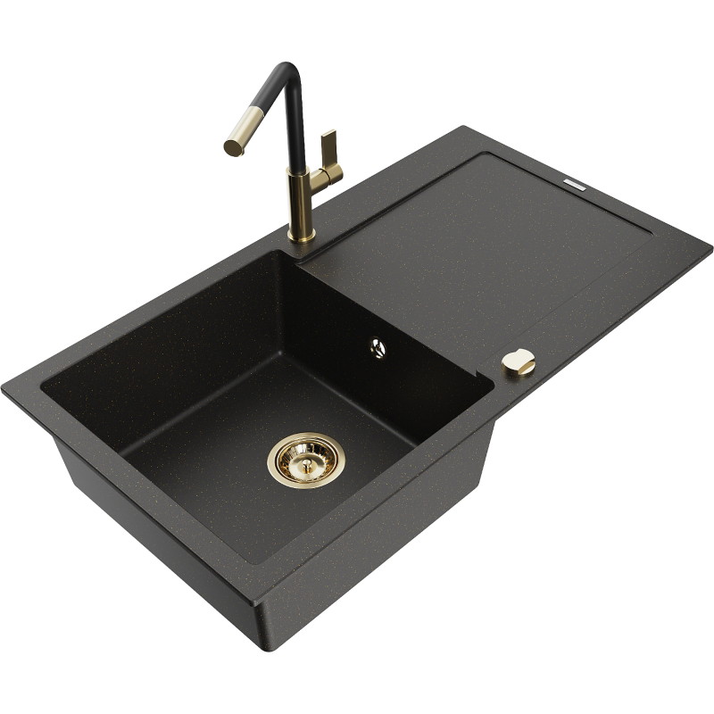 Mexen Leo Granitspüle 1-Becken mit Abtropffläche und Küchenarmatur Flora, schwarz/gold-metallik - 6501-75-670401-57-G