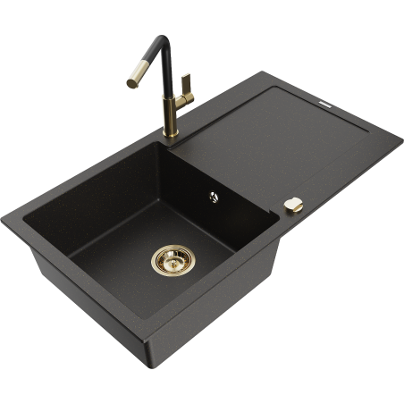 Mexen Leo Granitspüle 1-Becken mit Abtropffläche und Küchenarmatur Flora, schwarz/gold metallic - 6501-75-670401-57-G