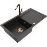Mexen Leo Granitspüle 1-Becken mit Abtropffläche und Küchenarmatur Flora, schwarz/gold metallic - 6501-75-670401-57-G