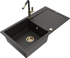 Mexen Leo Granitspüle 1-Becken mit Abtropffläche und Küchenarmatur Flora, schwarz/gold metallic - 6501-75-670401-57-G