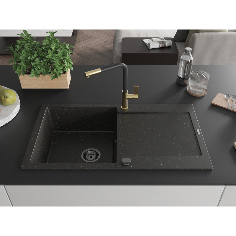 Mexen Leo Granitspüle 1-beckig mit Abtropffläche und Küchenarmatur Flora, schwarz/goldener Metallic - 6501-75-670401-57-B
