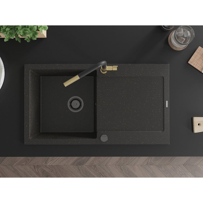 Mexen Leo Granitspüle 1-beckig mit Abtropffläche und Küchenarmatur Flora, schwarz/goldener Metallic - 6501-75-670401-57-B